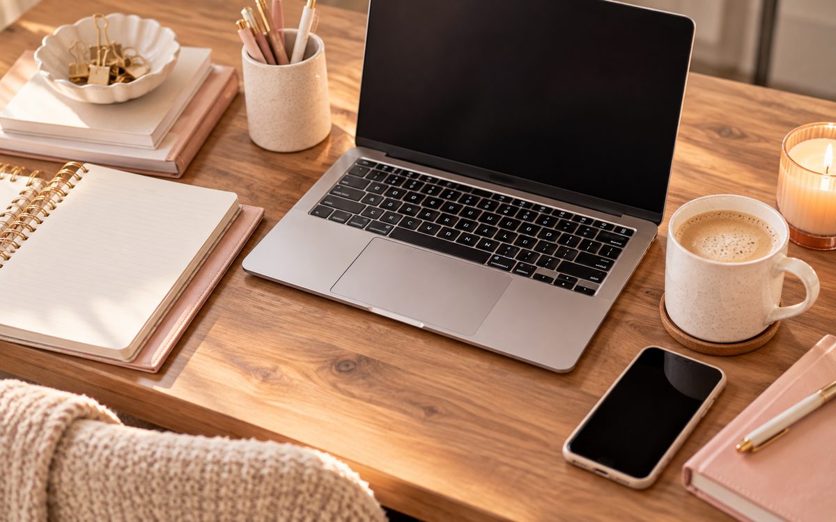 Cozy desk with an open laptop, coffee, phone, notebooks and a candle