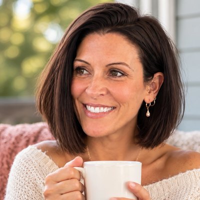 Sundrop Beginnings founder smiling on her porch with a cup of coffee