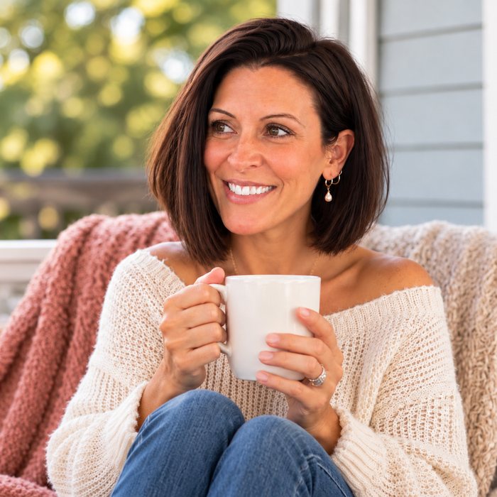 Sundrop Beginnings founder smiling on her porch with a cup of coffee