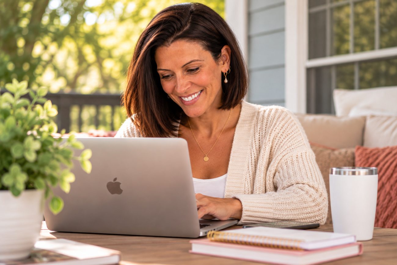 Sundrop Beginnings founder working on her laptop at an outdoor table with a notebook and coffee