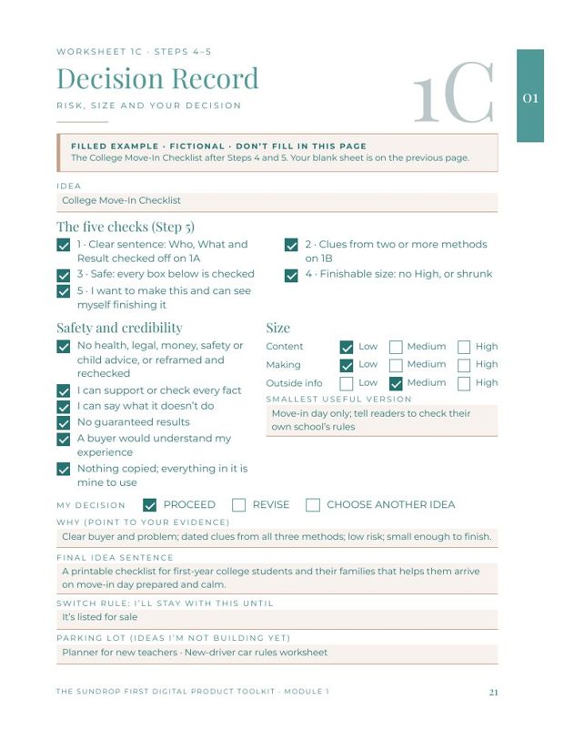 Worksheet 1C Decision Record with a fictional filled example