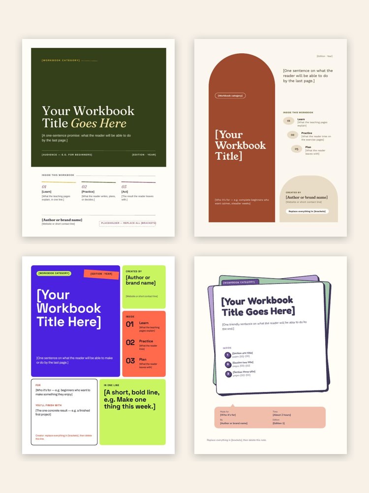 Cover pages from four of the ten Quick Start Kit designs