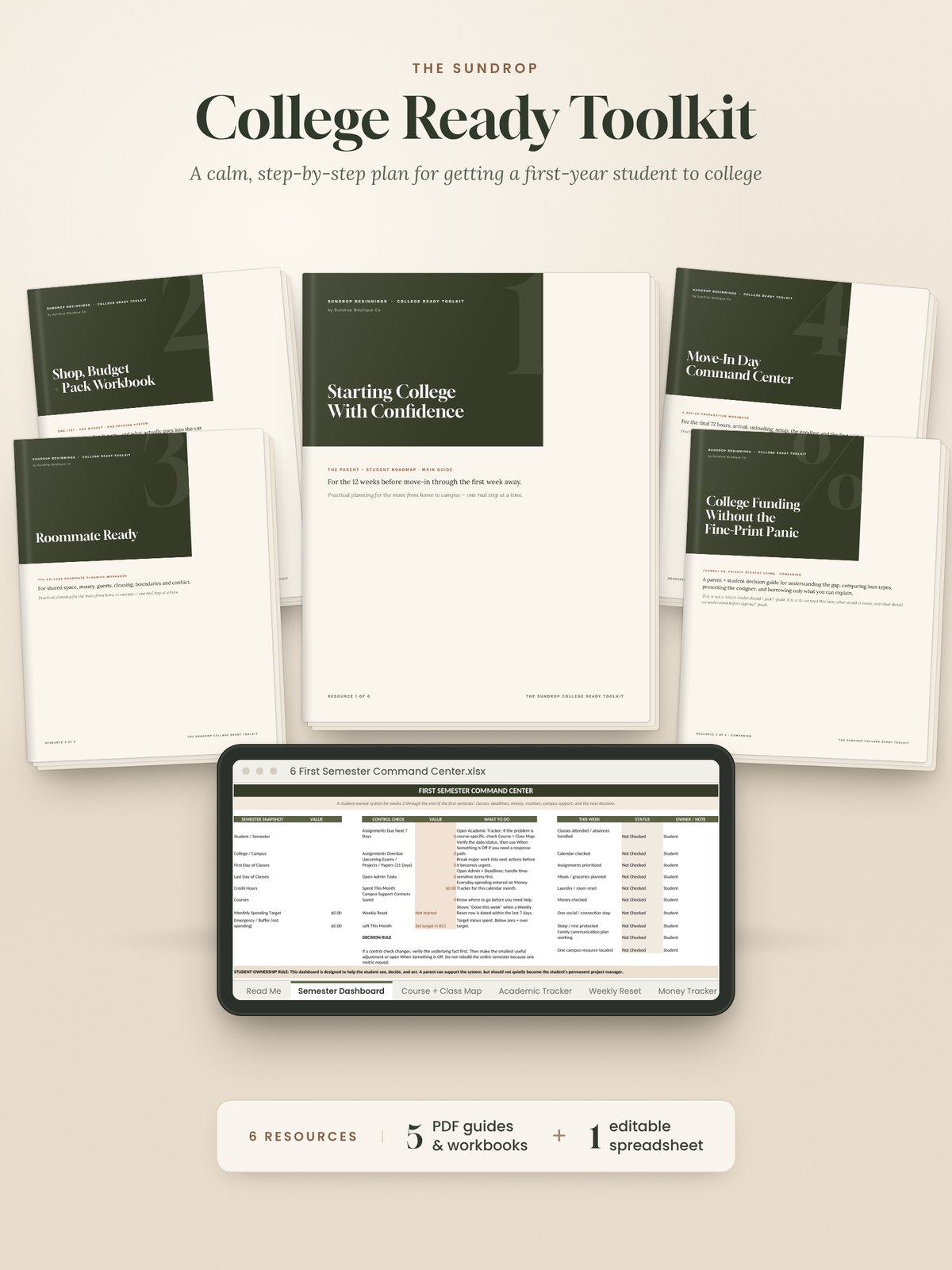 The Sundrop College Ready Toolkit: the covers of its five PDFs, with Starting College With Confidence in the centre, and the First Semester Command Center spreadsheet on a tablet